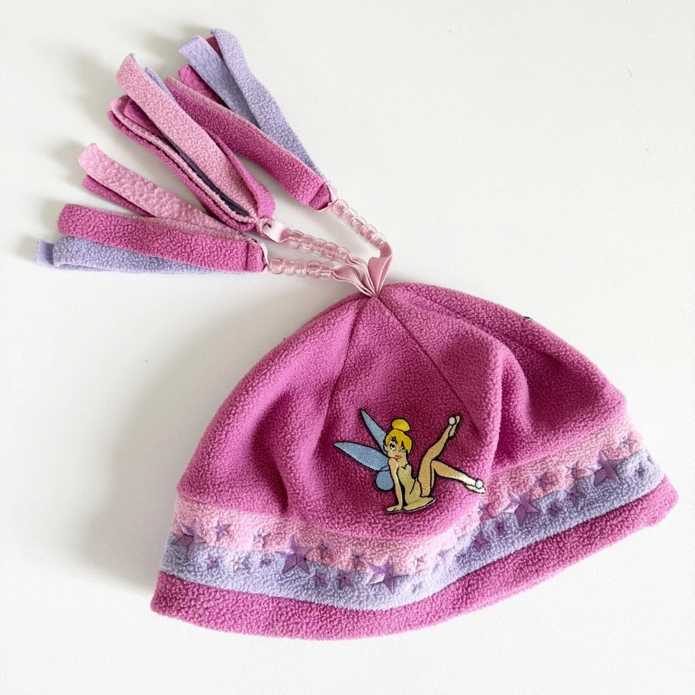 Disney Girls Tinkerbell Pink Fleece Beaded Tassel Vintage Y2K Beanie Hat OS